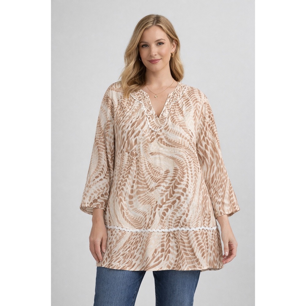 Ruby Rd Woman 1X Linen Tunic Top Tan Cream Abstract Print V-Neck 3/4 Sleeve